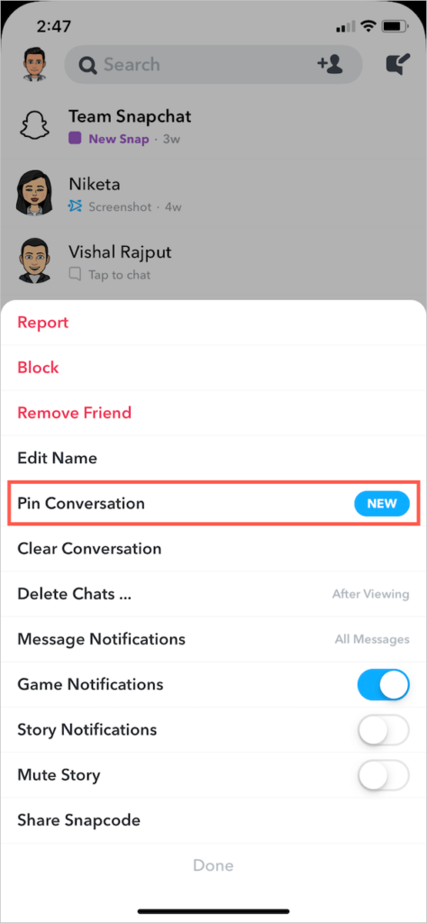 How to pin someone on Snapchat Android?